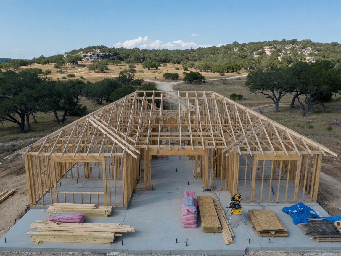 Established Hill Country neighborhood streetscape with mature live oak trees lining the road and traditional Texas homes with stone and stucco exteriors