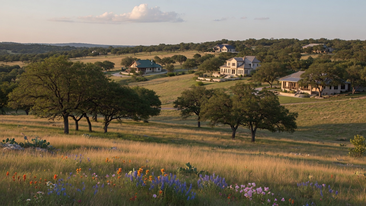 Texas Hill Country landscape showing the transition between undeveloped open land with native grasses and scattered oak trees in the foreground and low-density residential development visible in the distance, illustrating the balance between preservation and responsible growth