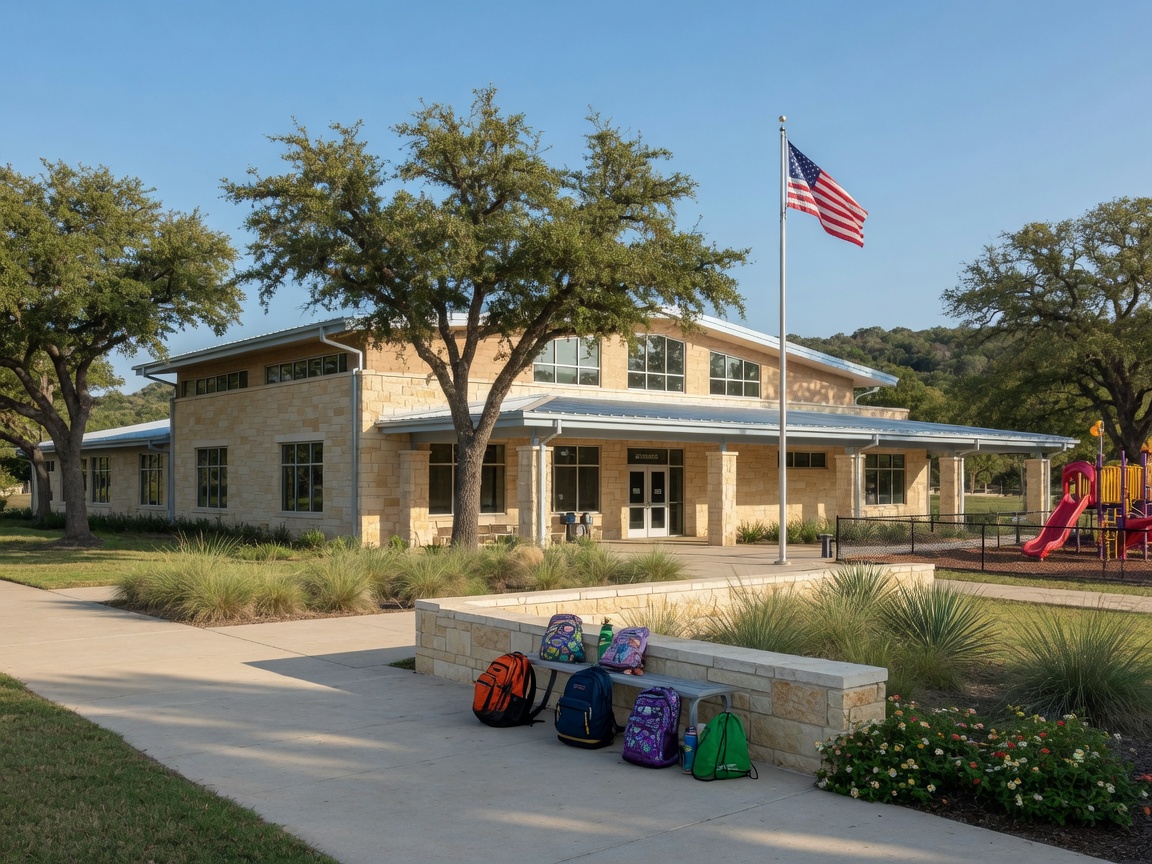 A modern Texas Hill Country school campus with limestone facade, covered walkways, and native landscaping, representing the well-regarded Boerne ISD facilities that serve Fair Oaks Ranch families