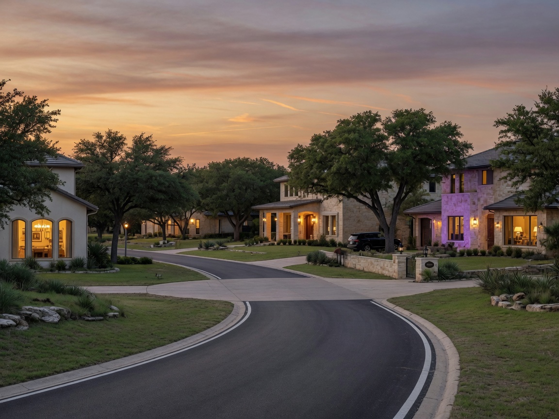 A quiet Hill Country residential street at dusk with custom homes on large lots, mature trees between properties, and warm interior lights, illustrating the established neighborhood character that development agreements seek to protect