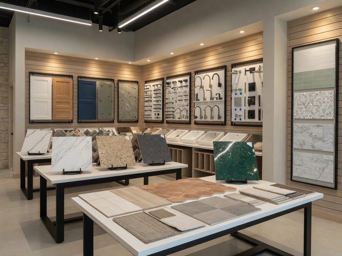 Builder design center showroom displaying countertop samples, flooring options, cabinet finishes, and fixture selections for new construction home buyers