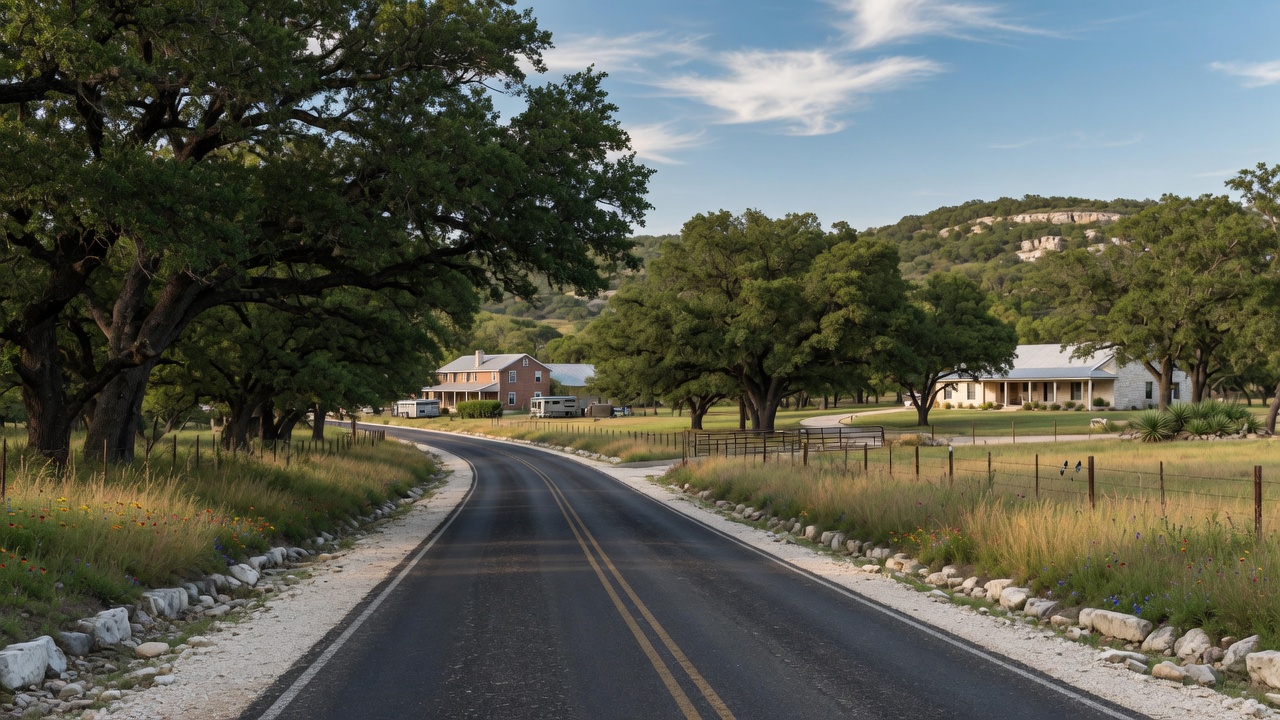 A scenic two-lane road through the Texas Hill Country near Fair Oaks Ranch, lined with live oak trees, limestone shoulders, and native grasses — the type of rural corridor along Ammann Road that connects the Post Oak development to the broader community