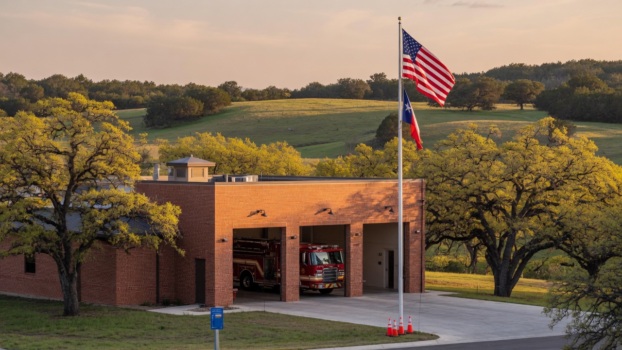 A fire station in the Texas Hill Country with a fire engine in the bay and emergency vehicles ready for dispatch — the fire protection and EMS infrastructure that an Emergency Services District funds