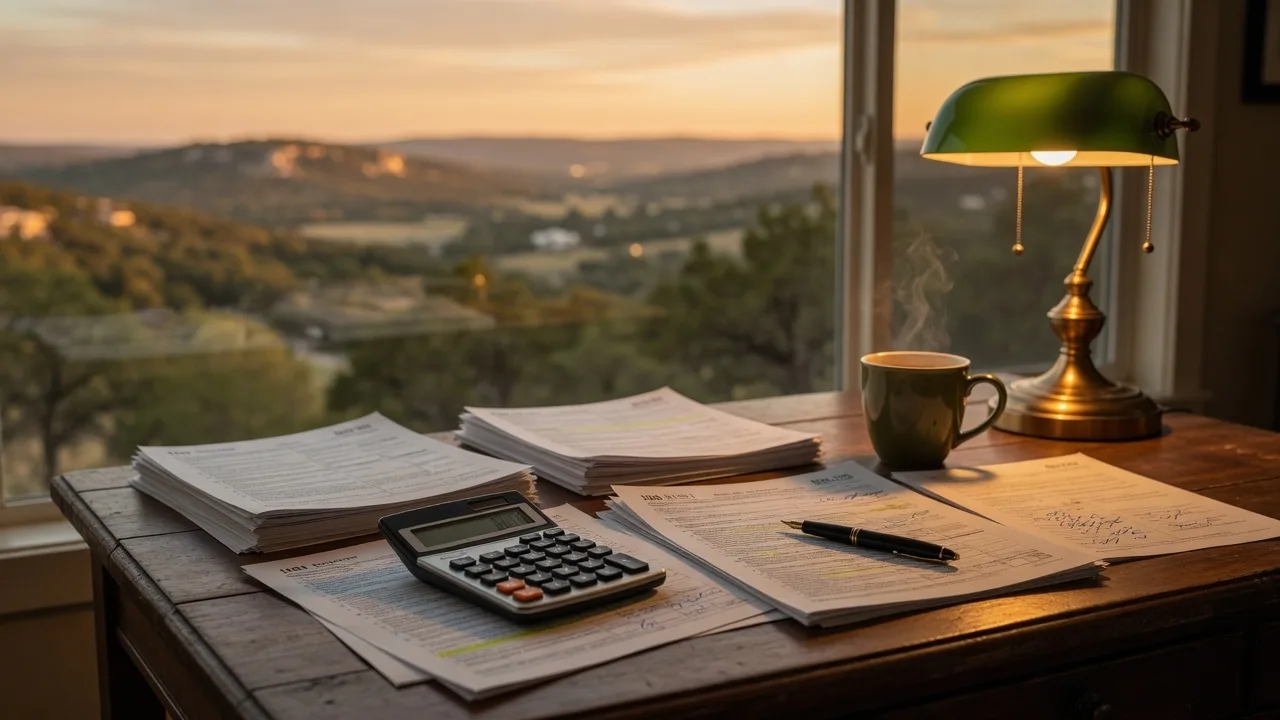 A desk with tax documents, a calculator, and warm lamp light — representing the financial planning California sellers need before relocating to Texas