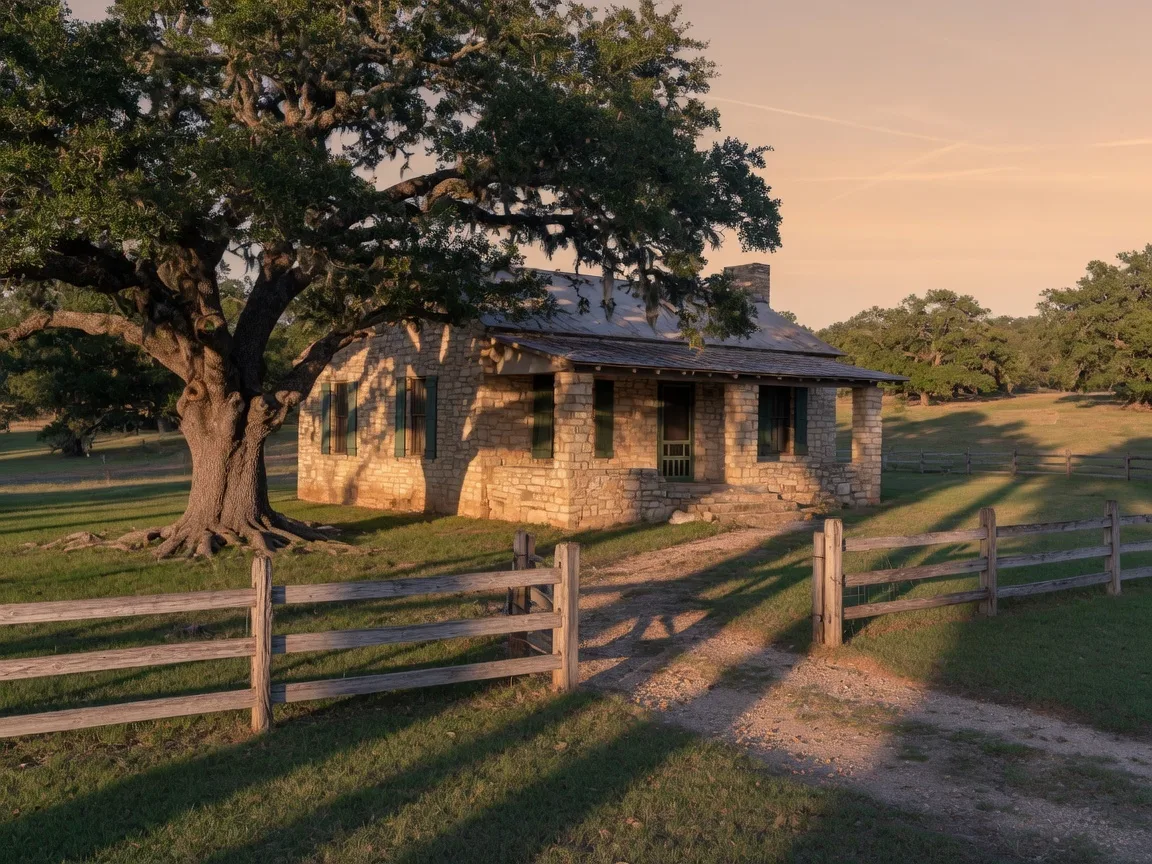 A Texas Hill Country stone home with a large oak tree in the foreground, golden hour sunlight, representing the kind of property California transplants buy in Texas