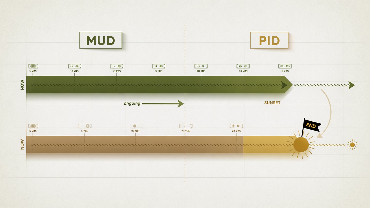 Side-by-side visual comparison of MUD and PID timelines, showing the long-term or permanent nature of MUD tax obligations versus the multi-component assessment structure of PIDs