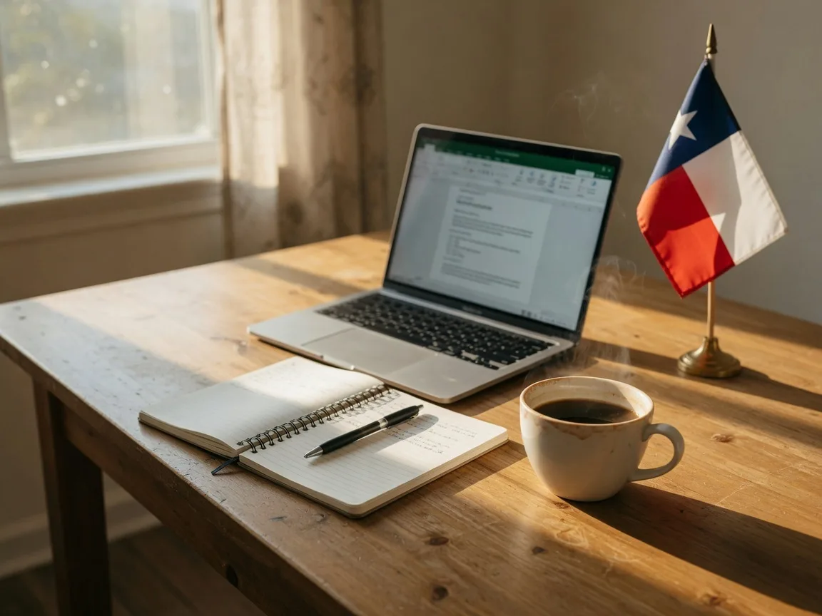 Home office desk with laptop, coffee mug, and a Texas state flag, representing remote work from a Texas home office