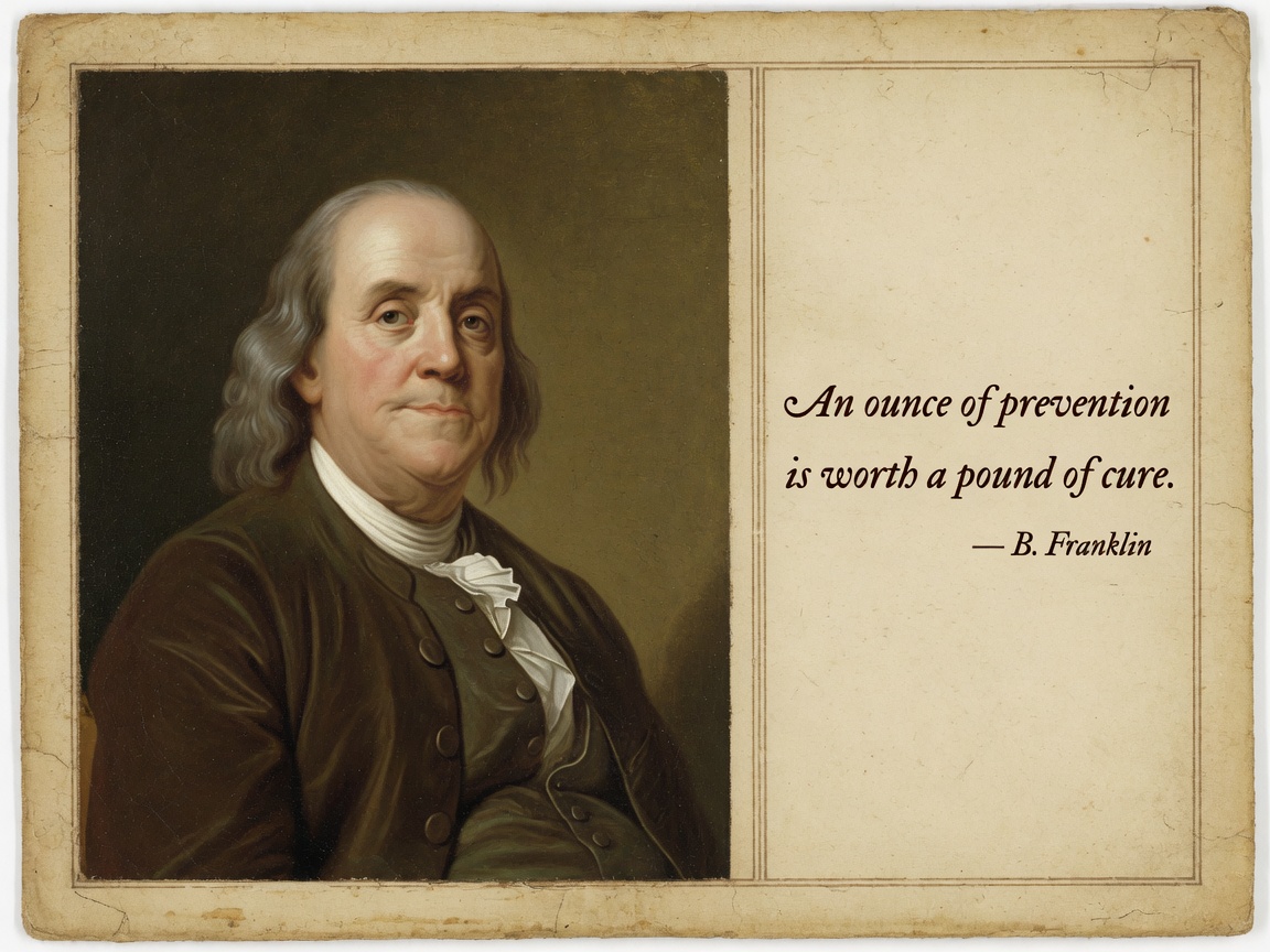 Classic portrait of Benjamin Franklin alongside his famous quote: An ounce of prevention is worth a pound of cure — an 18th-century oil-painting style illustration on a warm parchment background