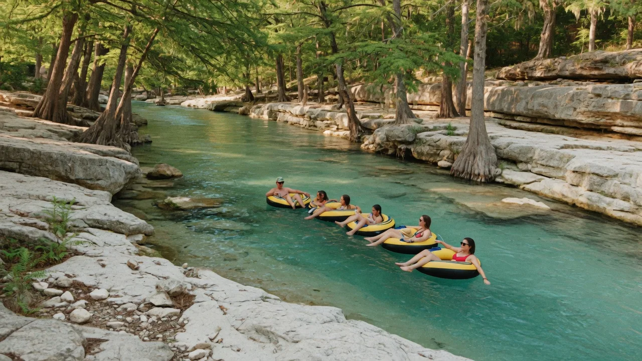 People tubing on a calm section of the Guadalupe River with clear water and cypress trees along limestone banks