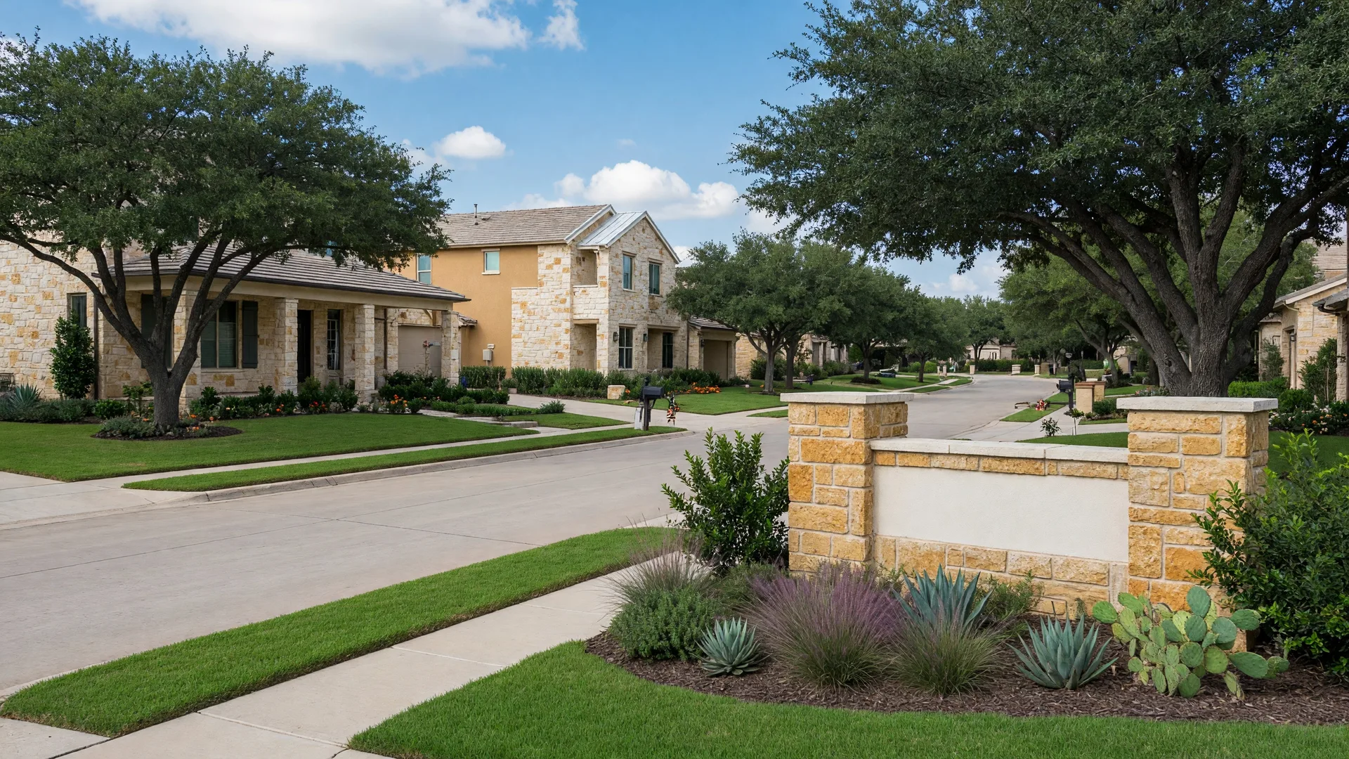 A well-maintained Texas Hill Country HOA neighborhood with stone and stucco homes, manicured lawns, native landscaping, and a community entrance sign with natural stone pillars