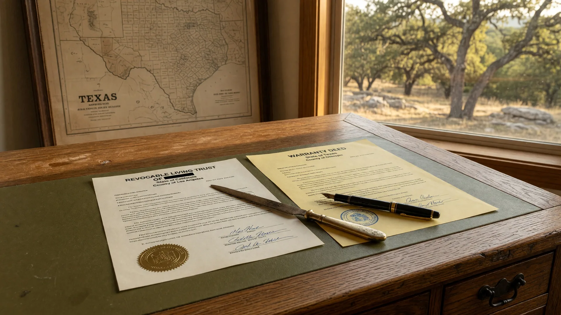 A California trust document and a Texas property deed laid side by side on a wooden desk, with a fountain pen, representing the legal transition between states