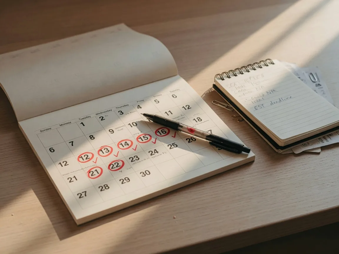 Desk calendar with dates circled in red pen, representing the importance of tracking days spent in California