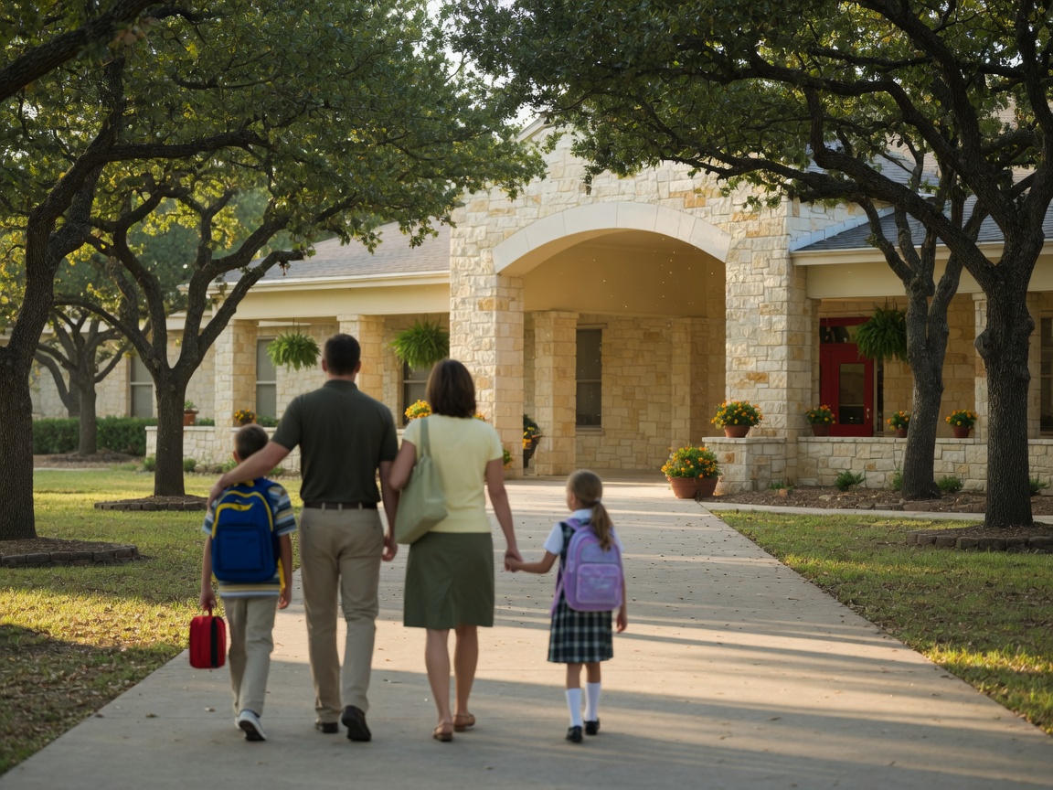 A family with school-age children walking toward a welcoming Texas Hill Country school building with limestone facade and covered entrance, live oak trees lining the walkway