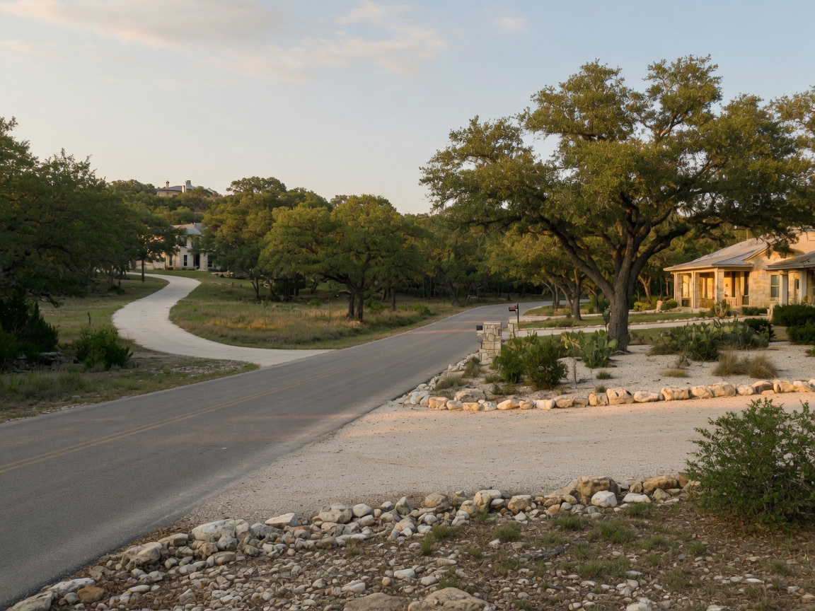 A Texas Hill Country neighborhood with large one-acre lots, custom homes set back from the road with native landscaping, wide setbacks between properties showing low-density character