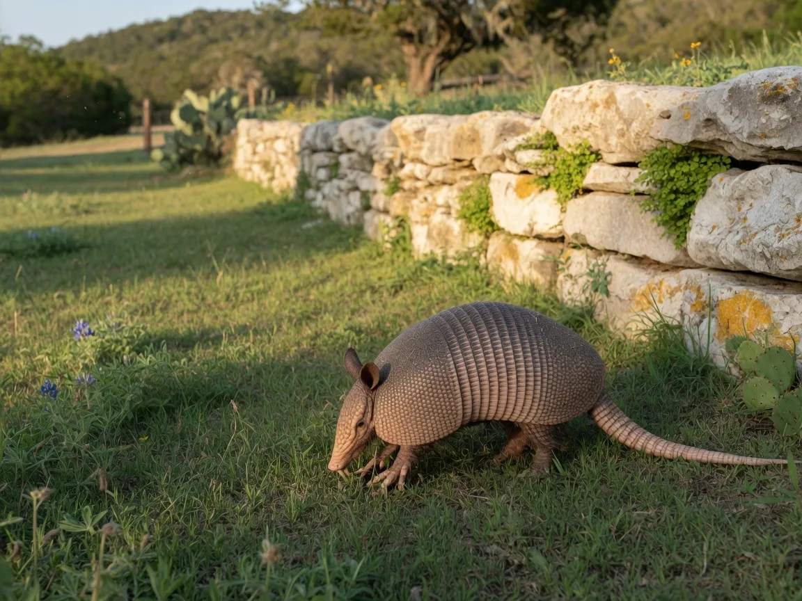 A nine-banded armadillo foraging on a Texas Hill Country lawn near a limestone rock wall, its armored shell and pointed snout visible in golden afternoon light