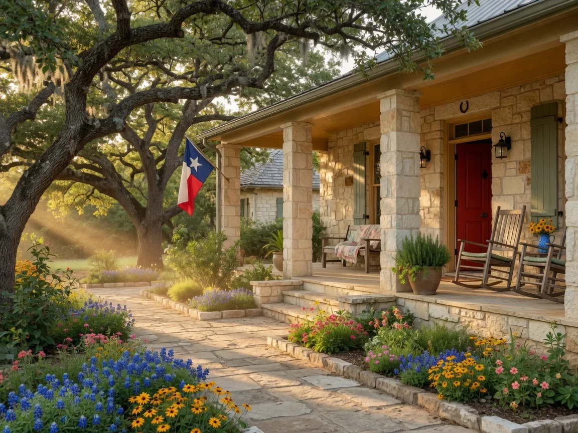 A scenic Texas Hill Country highway with a vehicle driving through rolling green hills and live oak trees, representing the drive from California to your new Texas home
