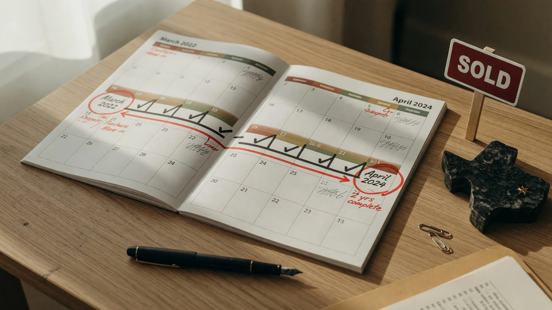 A calendar concept illustrating the five-year lookback period for Section 121 capital gains exclusion on a primary residence