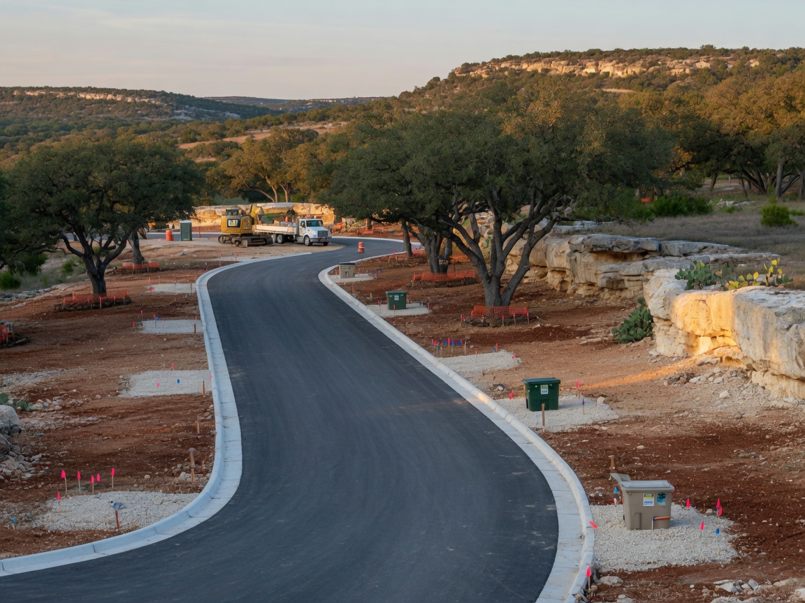 Municipal water treatment and pumping equipment with metal piping and pressure gauges, set against a backdrop of live oak trees in the Texas Hill Country, representing the regulated water infrastructure that serves the Post Oak development