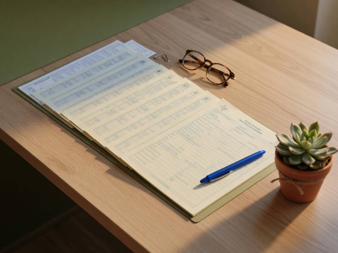 Organized desk with property tax documents, a pen, and reading glasses suggesting careful preparation of homestead exemption paperwork