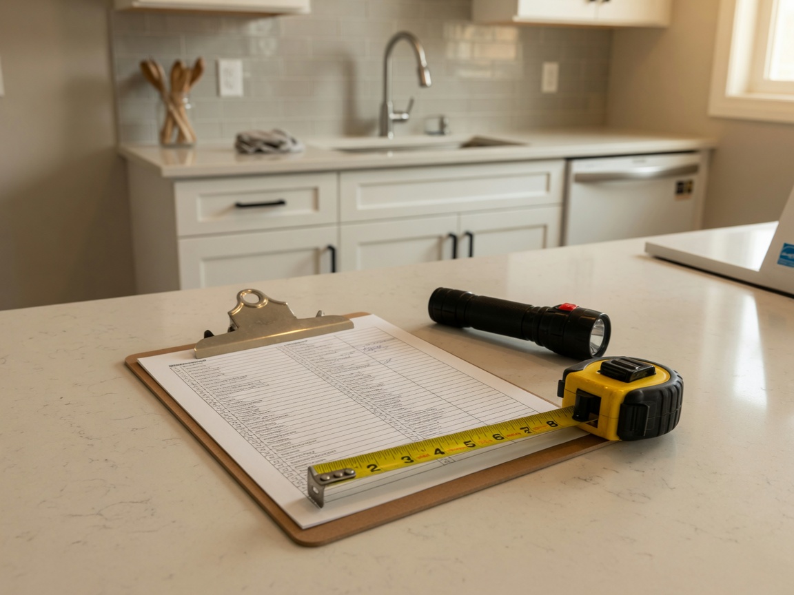 A home inspector's clipboard with a checklist lying on a kitchen counter alongside a tape measure and flashlight