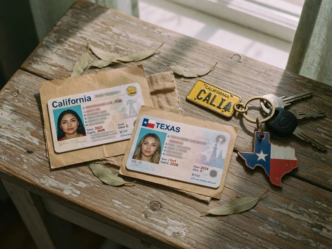 California and Texas driver's licenses placed side by side on a wooden table, representing the transition between state residencies
