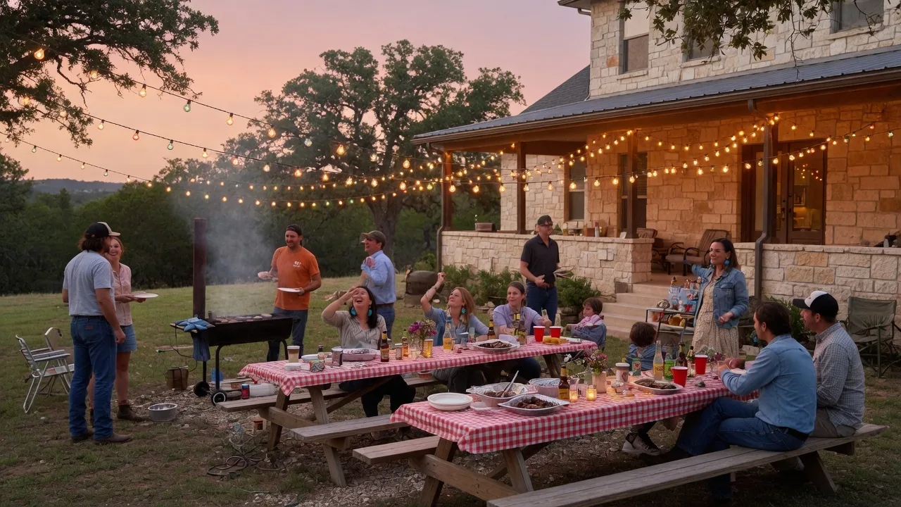 A casual outdoor community gathering in a Texas Hill Country neighborhood with string lights, picnic tables, and people socializing on a warm evening