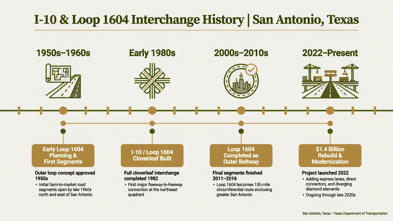 Timeline infographic showing the I-10 and Loop 1604 interchange history from 1950s planning through 1980s cloverleaf construction to the current $1.4 billion rebuild