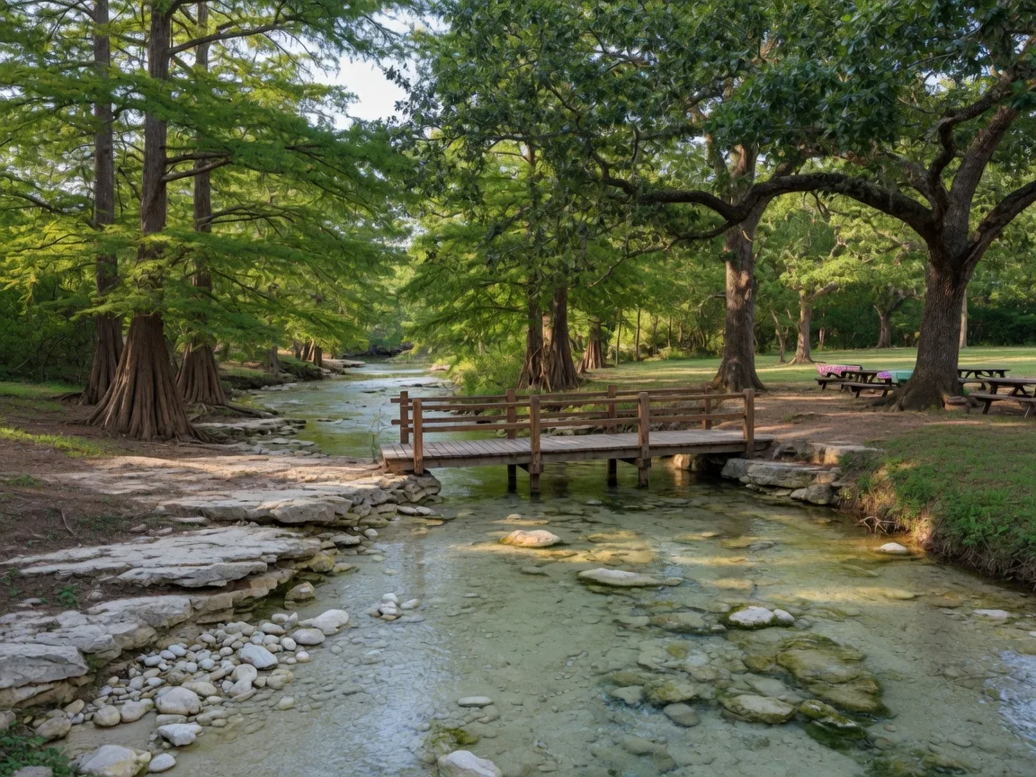 Clear Medina River flowing through Bandera, Texas, with cypress trees and limestone banks in summer