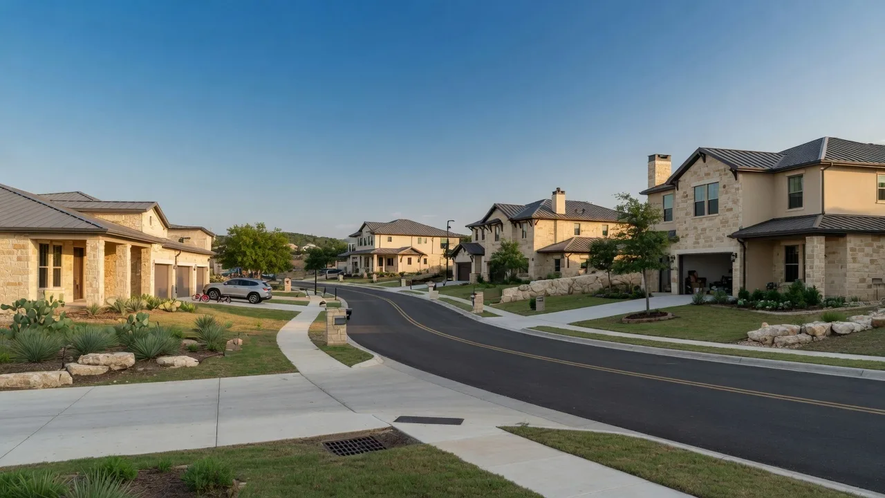 Rolling limestone hills covered with live oak trees and native grasses stretching to the horizon under warm golden-hour light in the Texas Hill Country