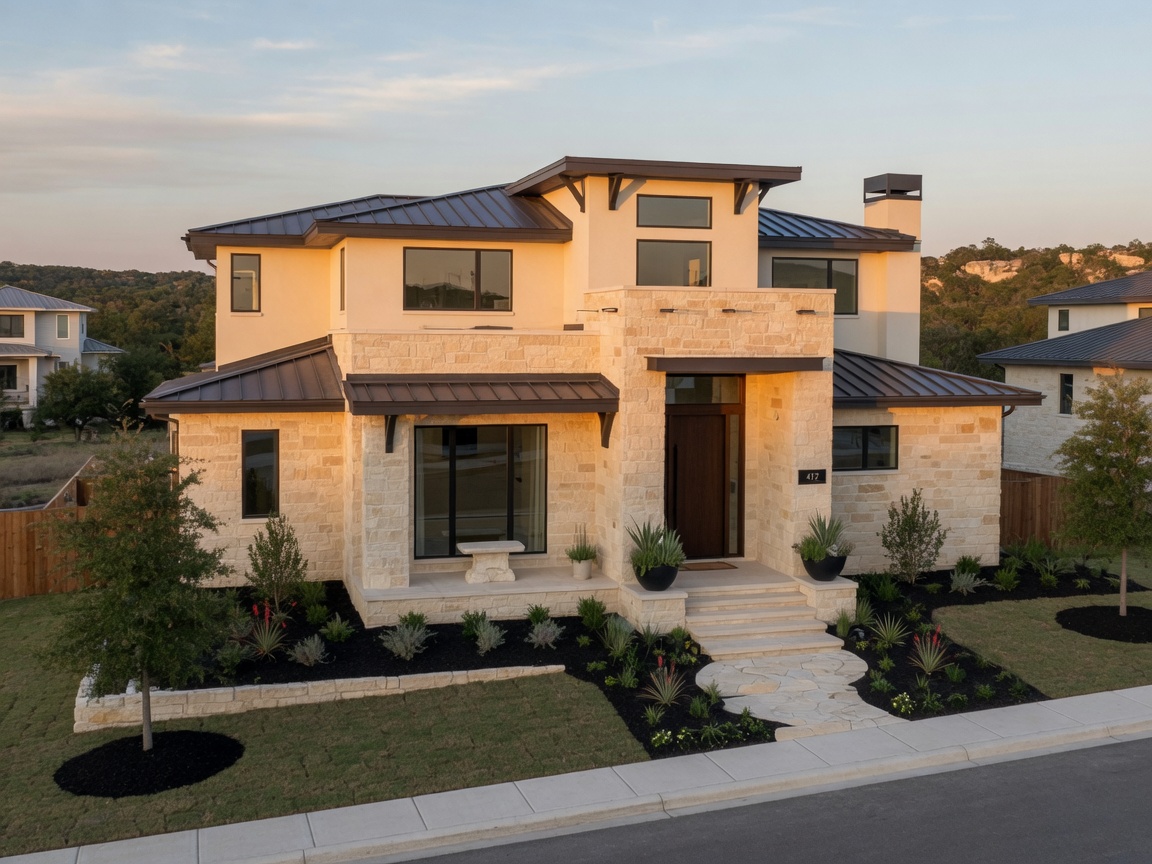 Completed new construction home in the Texas Hill Country with limestone and stucco exterior, clean architectural lines, and new landscaping on a quiet street