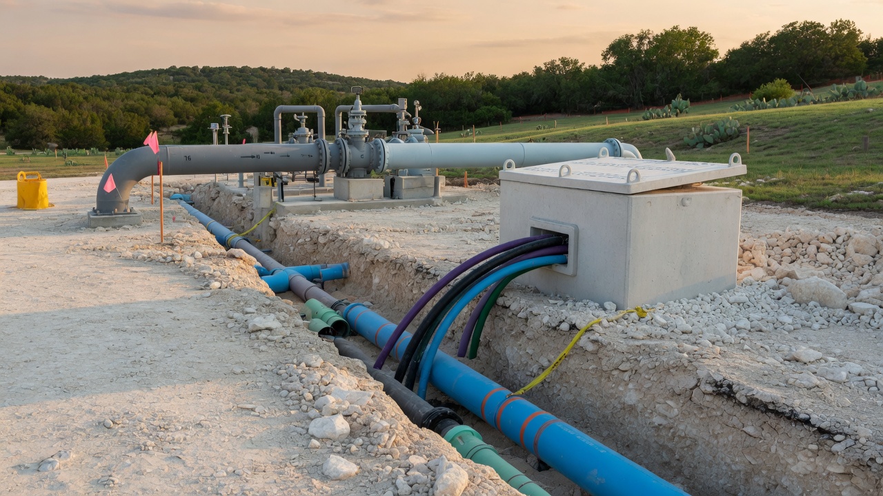 Water and sewer infrastructure under construction in a Texas Hill Country subdivision — underground utility pipes, concrete junction structures, and water treatment systems that a Municipal Utility District funds