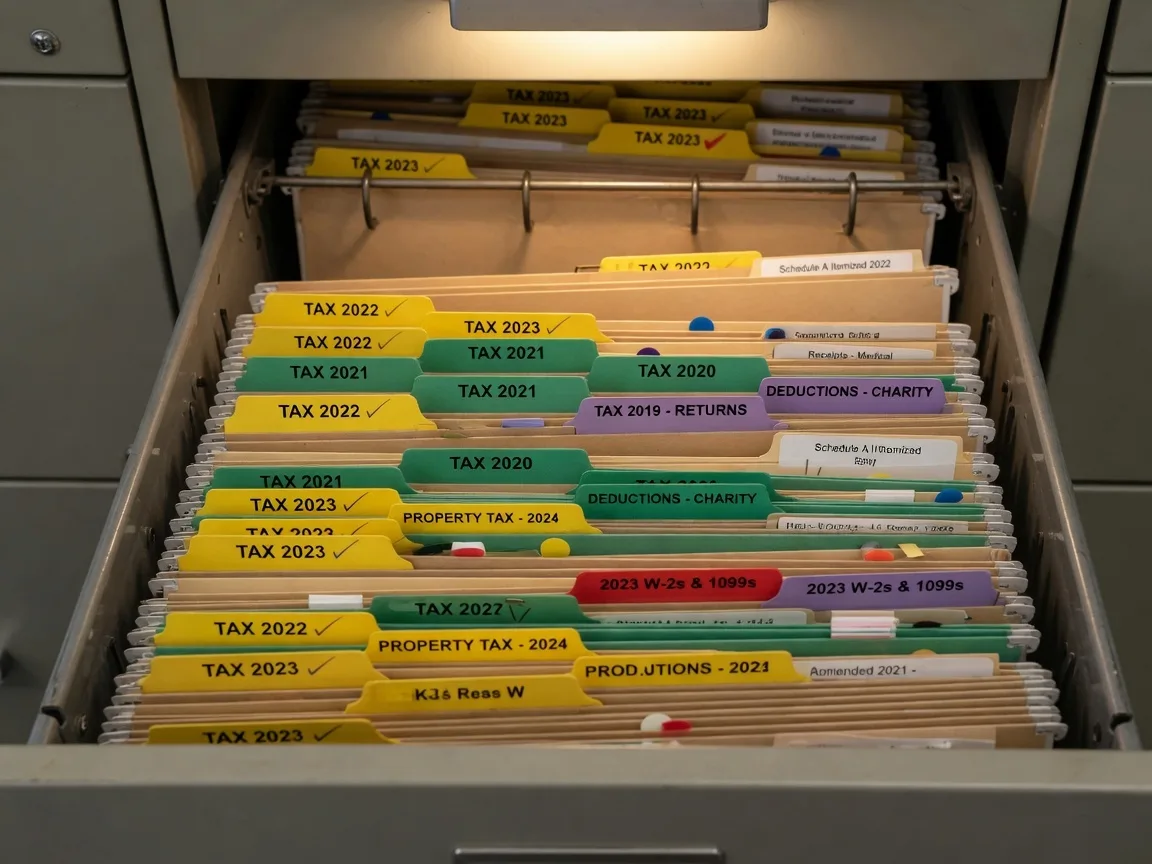 Organized file folders in a filing cabinet drawer with color-coded tabs, representing the importance of documentation for FTB audit defense