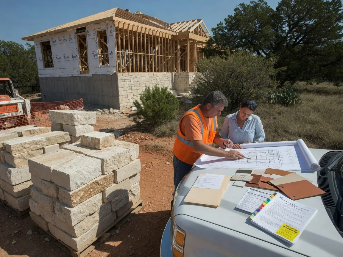A Texas Hill Country home under construction with architectural plans and limestone blocks, showing the HOA architectural review process in action