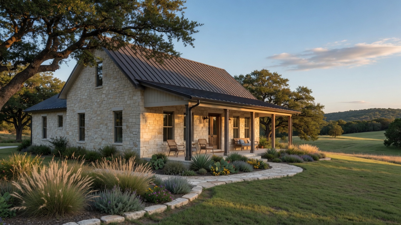 Modern Texas Hill Country farmhouse with limestone exterior walls and standing-seam metal roof — architectural features designed to withstand the heavy rainfall El Niño seasons bring to the region