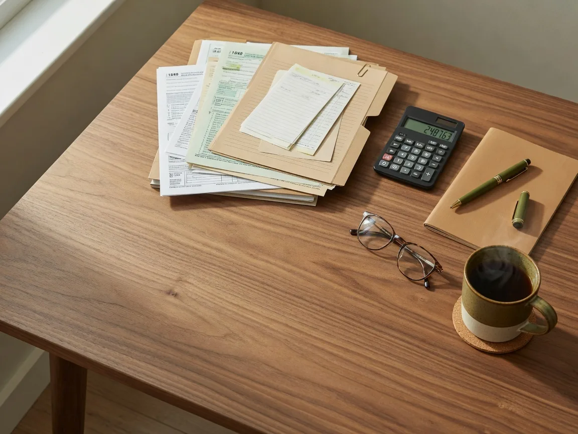 An organized desk workspace with financial documents, calculator, and planning materials representing the tax planning required when filing California part-year returns after relocating to Texas