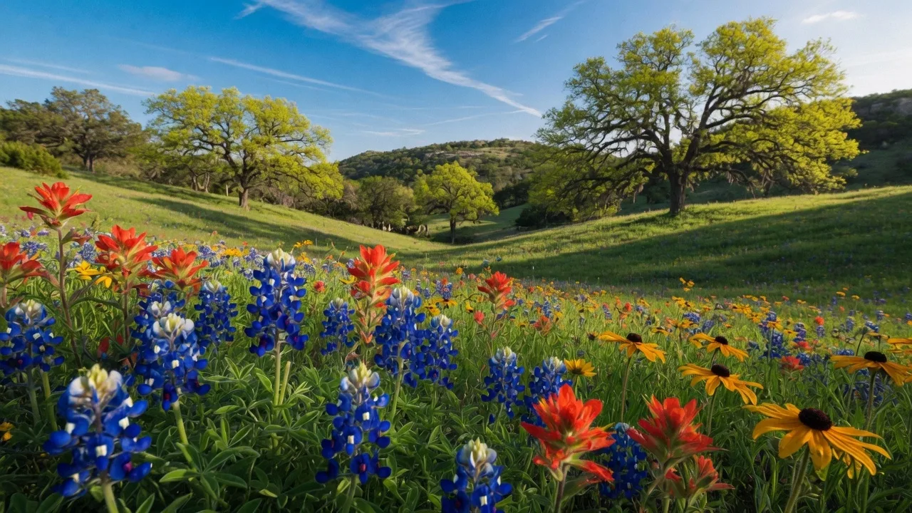 A spring wildflower meadow in the Texas Hill Country filled with bluebonnets and Indian paintbrush, with live oak trees and rolling green hills in the background