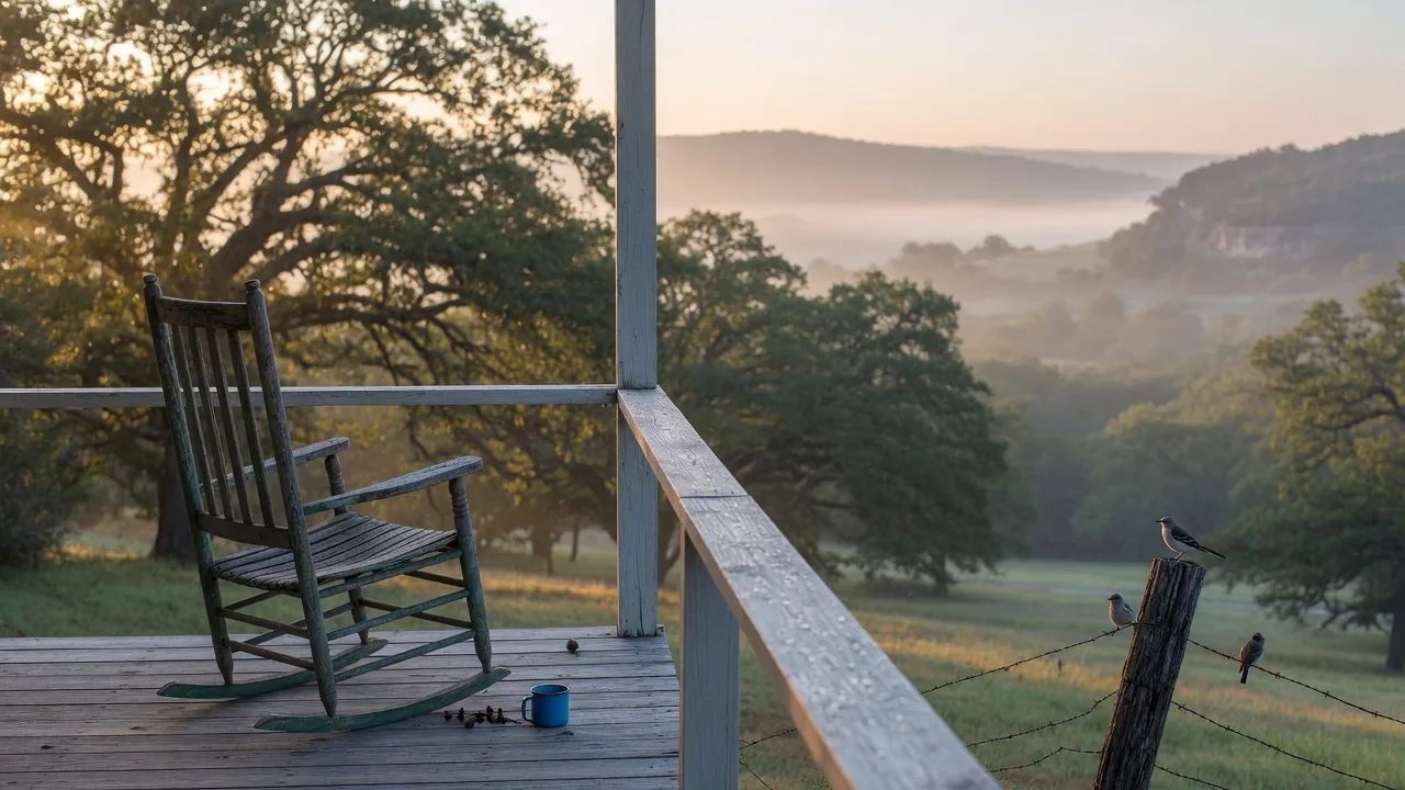 A quiet Hill Country morning from a porch with a rocking chair overlooking a misty landscape of live oaks and rolling hills at sunrise — the stillness that surprises California transplants