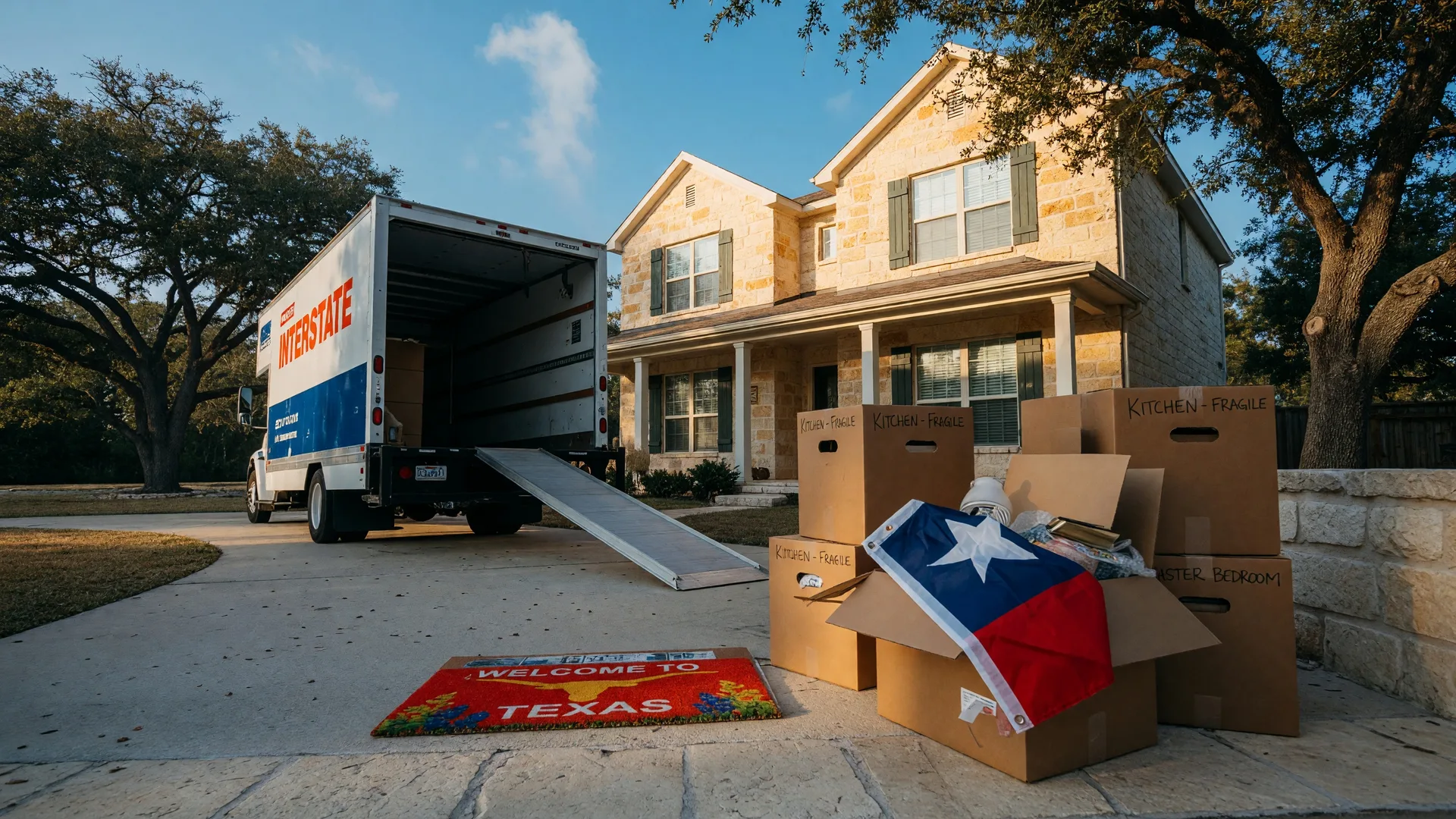 Moving boxes and a Texas welcome mat on the front porch of a limestone Hill Country home, symbolizing the first days after relocating from California