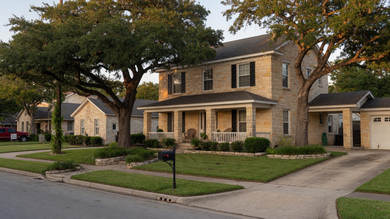 An established Hill Country resale home with mature oak trees and limestone facade, the type of home that may sit within a special taxing district even years after construction