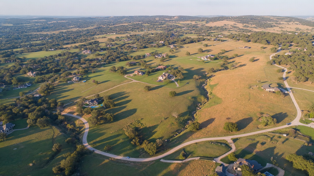 Aerial view of the Fair Oaks Ranch community in the Texas Hill Country showing rolling terrain dotted with live oak trees and custom homes on large acreage lots, illustrating the low-density rural character of the area