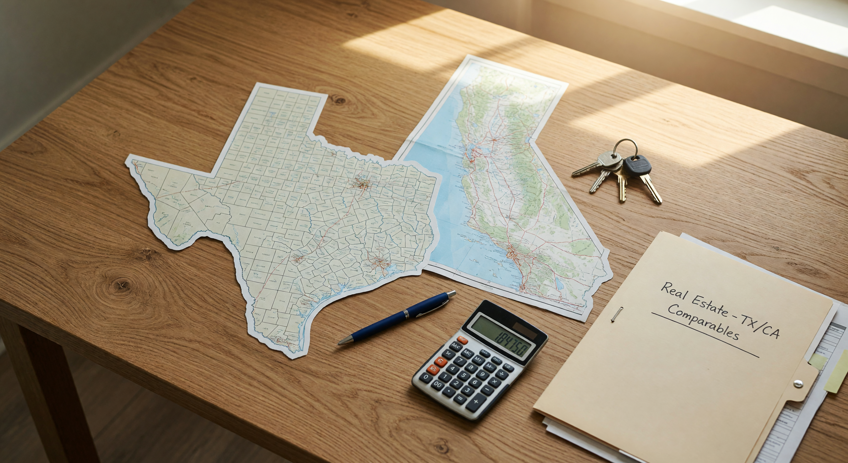 Two state maps laid on a desk with calculator, keys, and real estate documents representing cross-state home buying decisions
