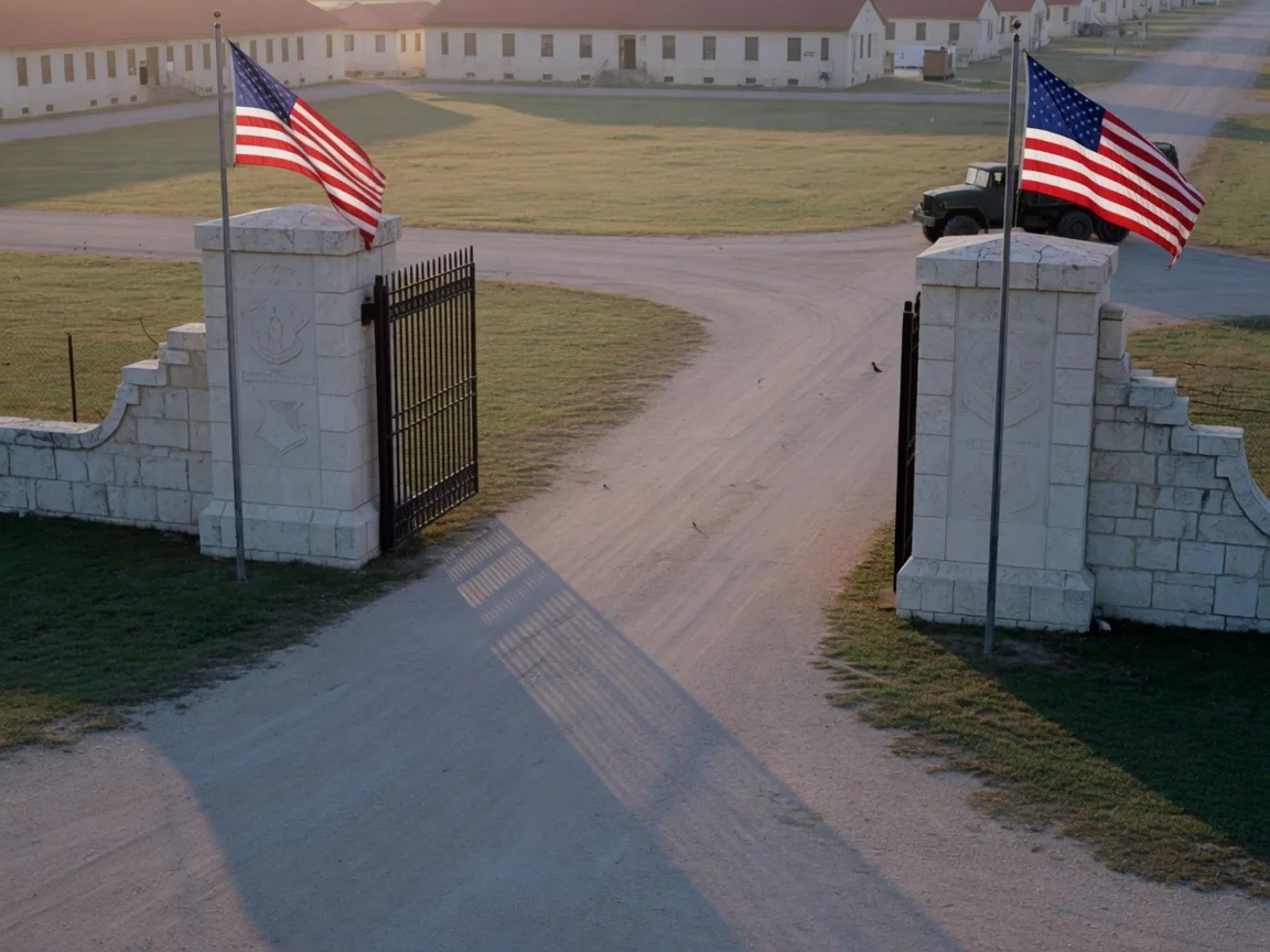 Historic limestone entrance to Joint Base San Antonio with American flags and early morning light over the parade ground