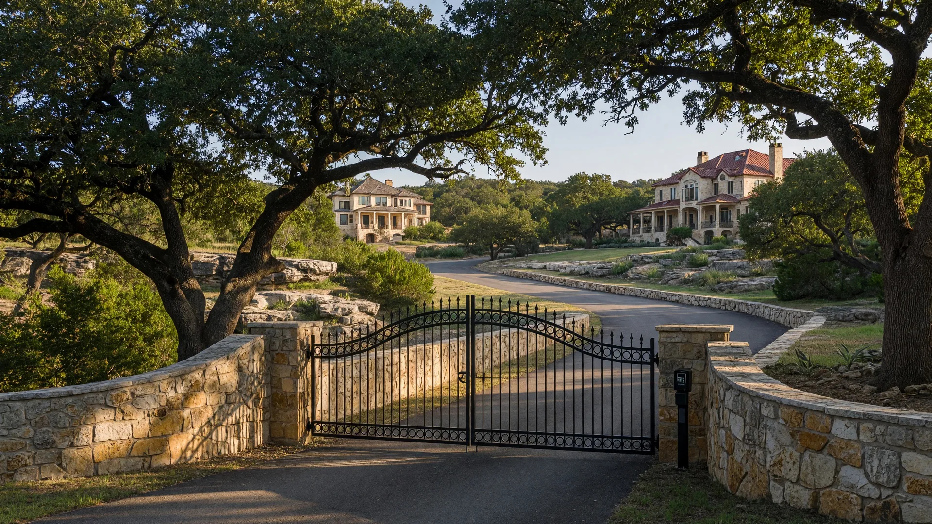 Regent Park community in Boerne, Texas — modern homes with stone and brick facades along a curving street with native landscaping