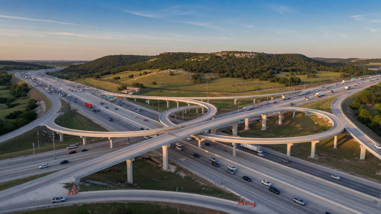 Aerial view of the I-10 and Loop 1604 interchange construction project in northwest San Antonio, showing the scale of the massive flyover ramp rebuild surrounded by Hill Country terrain and live oak trees