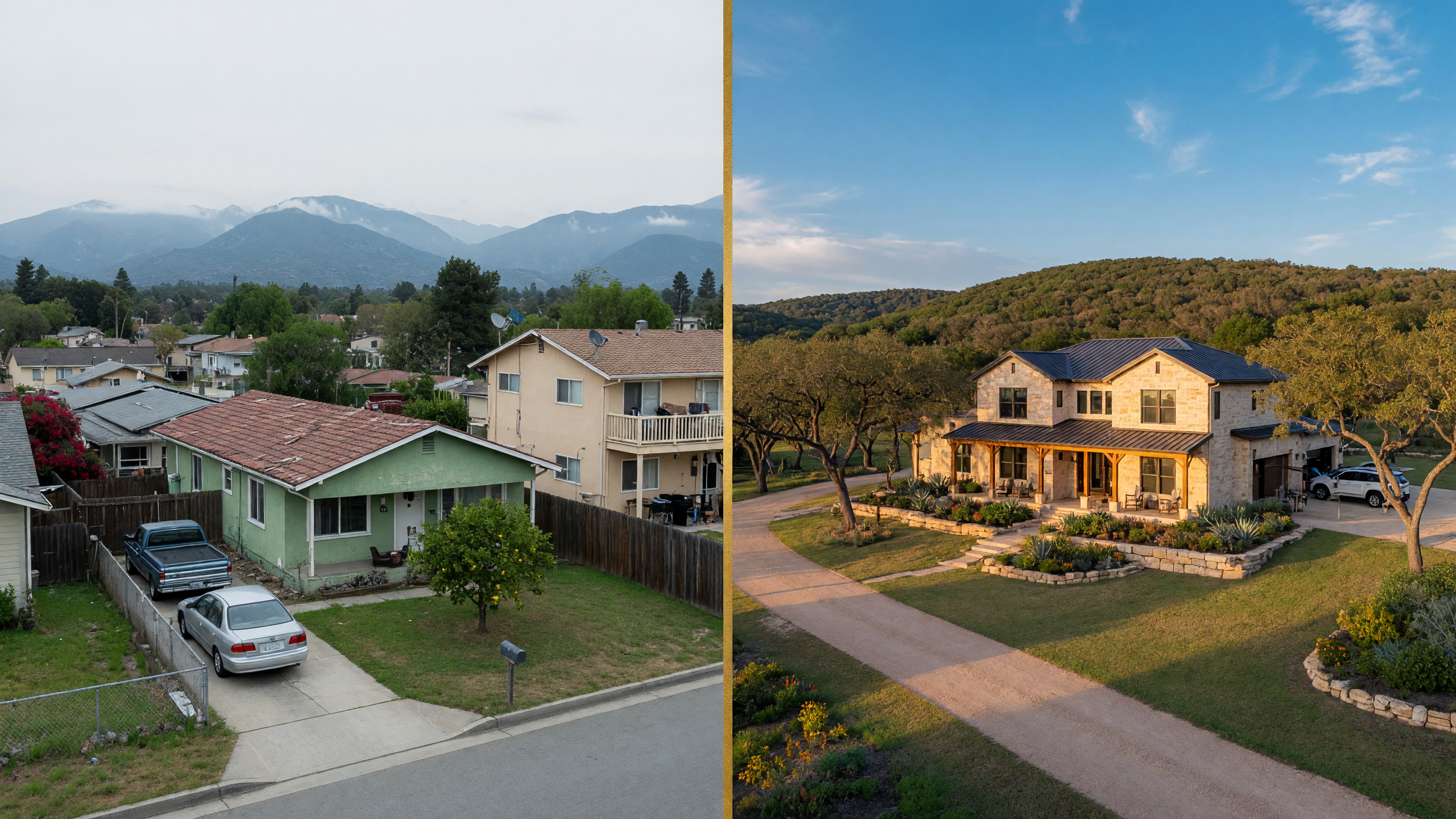 Split landscape contrasting a dense California suburban home with a spacious Texas Hill Country property