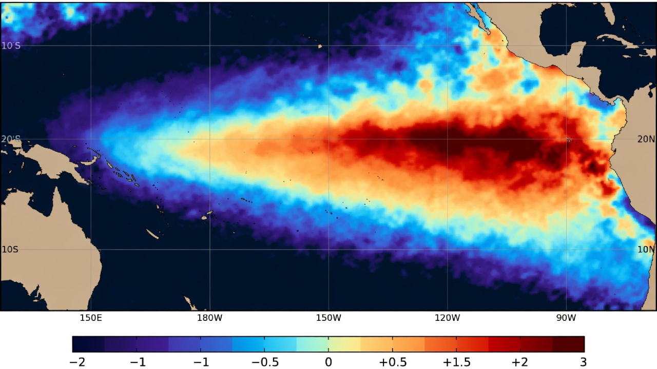 Heat-map style visualization of sea surface temperature anomalies across the tropical Pacific Ocean during an El Niño event, showing warm red and orange shading in the Niño 3.4 region (central-eastern equatorial Pacific) and cooler blue tones in the western Pacific — representative of the pattern published in NOAA Climate Prediction Center ENSO monitoring maps.
