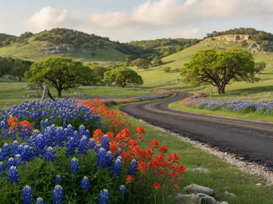 Texas Hill Country spring landscape with bluebonnets and wildflowers blooming along a rural road with rolling green hills