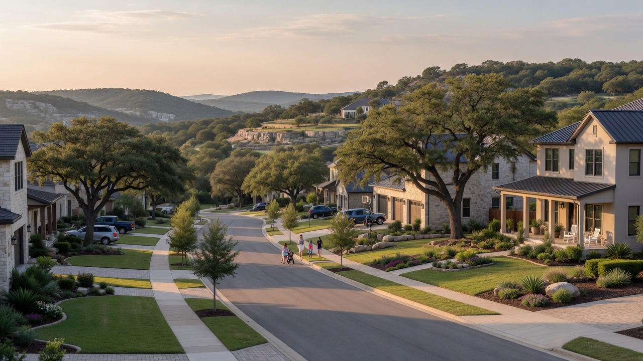 Attractive Hill Country residential neighborhood with modern homes on spacious lots, mature live oak trees, and well-maintained landscaping in the Boerne or Fair Oaks Ranch area, illustrating the communities along the I-10 corridor