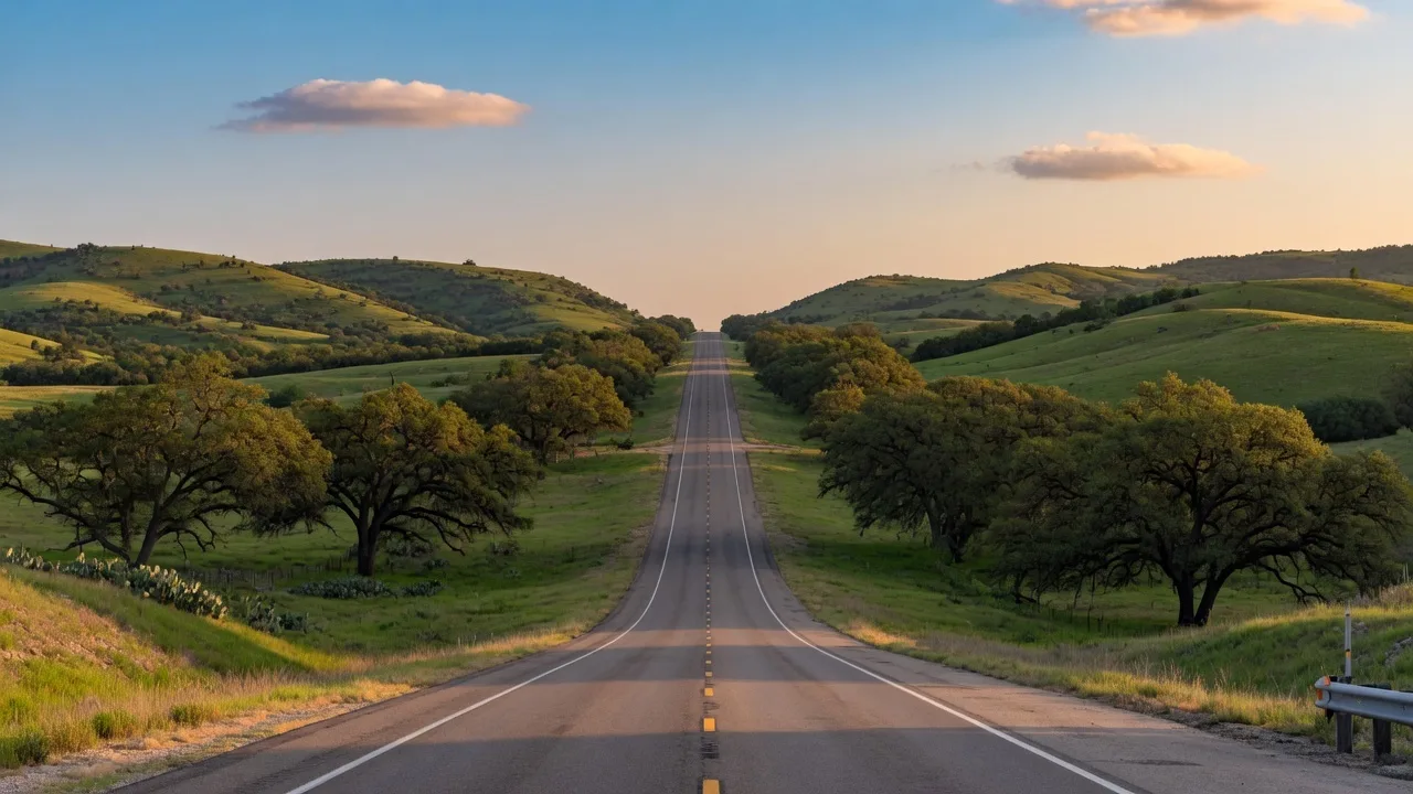 A two-lane Texas highway stretching through the Hill Country with rolling hills and live oaks on both sides, vanishing into the distance
