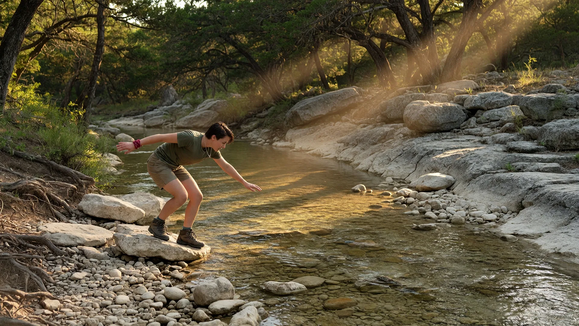 A person standing at the edge of a rocky Hill Country creek, crouched and leaning forward with visible hesitation, measuring the distance and second-guessing whether they can make the jump — a metaphor for the uncertainty of relocating to the Texas Hill Country